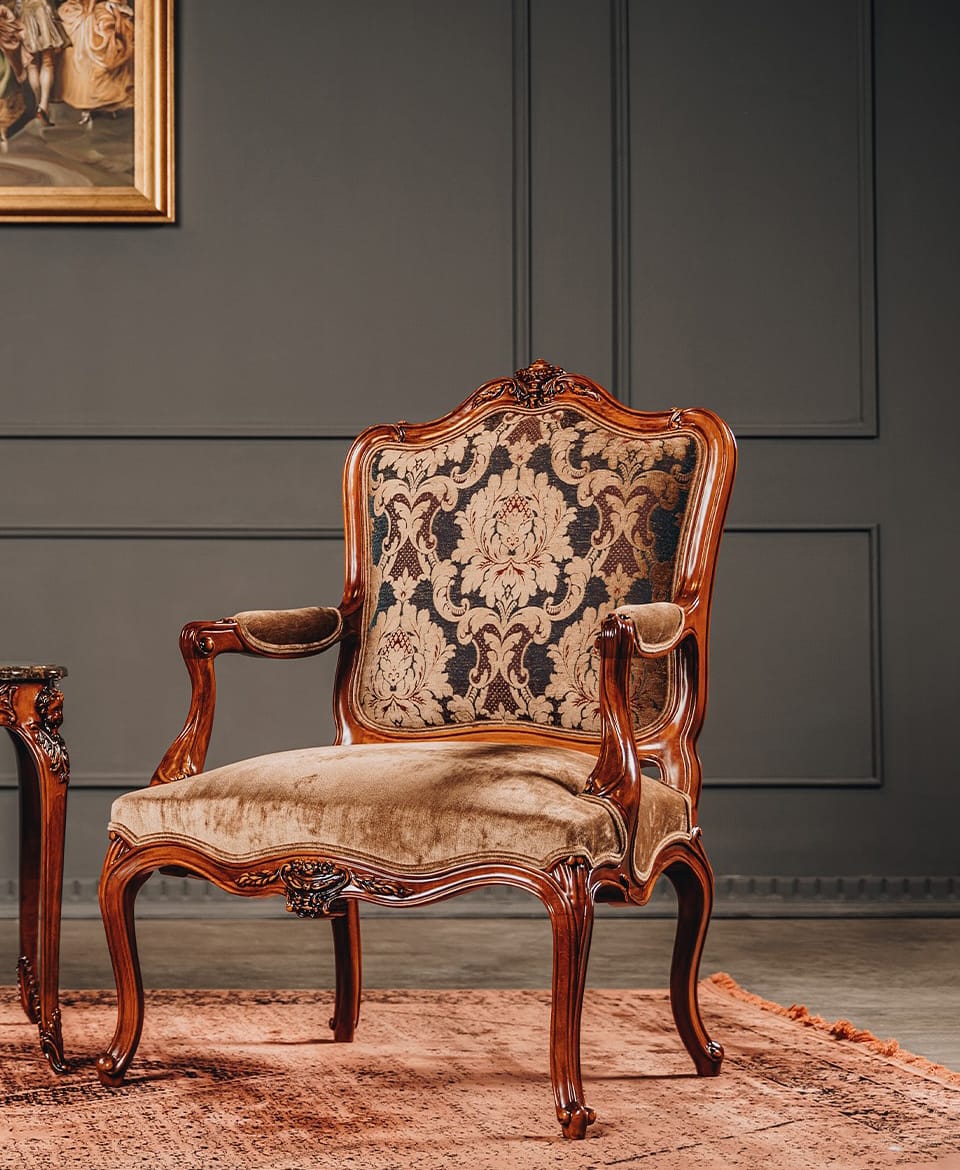 Classic wooden armchair with fabric upholstery